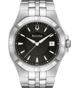 Impressively oversized and built for precision, this fine watch from Bulova is the perfect luxury. Silvertone stainless steel bracelet and round case. Round black dial with date window, logo and stick indices. Quartz movement. Water resistant to 30 meters. Three-year limited warranty.