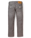 Skinny cords in cool gray are a cozy essential for cool weather, featuring back flap pockets and the True Religion logo.