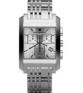This Burberry timepiece features a stainless steel bracelet and rectangular case. Textured silvertone dial with silvertone stick indices, logo, date window and three subdials. Swiss made. Quartz movement. Water resistant to 50 meters. Two-year limited warranty.