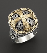 Large silver and gold Maltese cross ring with etched detail. Designed by Konstantino.