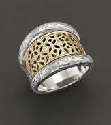 Wide silver and gold lattice ring with diamond accents. Designed by Konstantino.