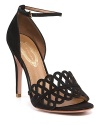 With a dainty ankle strap and lacy details, Elie Tahari's suede sandals are a study in flirtatious femininity.