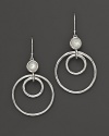 Bold, swingy sterling silver earrings with mother-of-pearl cabochons.