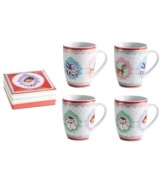 Spark some happy holiday nostalgia with Christmas Cameo mugs. Rosanna reunites baby-faced characters from Christmases long ago with vintage patterns and sparkling gold accents. A beautiful gift, with a matching box.