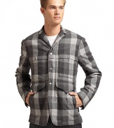 THE LOOKPlaid pattern throughout Stand collar converts to notched lapel Snap front with concealed zip Four snap pockets at front Long sleeves with snap cuffs Snap closures at back slitsTHE MATERIALShell: 50% wool/30% polyester/20% viscose Filling: polyester Fully linedCARE & ORIGINDry clean Imported