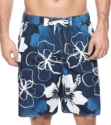 It's time to hit the water...and look good doing it with these stylish graphic print swim trunks from Newport Blue.