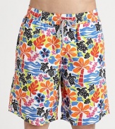 A lively tropical turtle print adorns these quick-dry trunks, complete with drawstring waist and back eyelets to avoid a ballooning effect.Drawstring elastic waistBack flap pocket with grip-tape closureMesh liningPolyamideMachine washImported