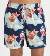 Get set for instant fun in the sun with this tropical island turtle print short, complete with back eyelets to avoid a ballooning effect.Drawstring elastic waistBack flap pocket with grip-tape closureMesh liningPolyamideMachine washImported