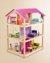 This large dollhouse is created in wood with an open design that offers plenty of room to play from all angles. Designed with three floors of fun, 10 rooms and 45 pieces of furniture, plus two bright pink staircases.