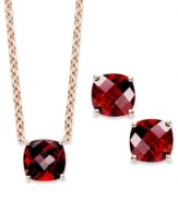 A fun and colorful update to your wardrobe, this matching pendant and earrings set features cushion-cut garnet (5 ct. t.w.) set in 14k rose gold over sterling silver. Approximate length: 18 inches. Approximate drop (pendant): 1/4 inch. Approximate drop (earrings): 1/4 inch.