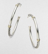 From the Metro Collection. A sleek, sophisticated, slender hoop, combining smooth and cabled sterling silver with accents of 18k gold. Sterling silver and 18k yellow gold Diameter, about 1¾ Post back Imported