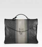 Make a smart and stylish first impression in the boardroom and beyond with this expertly crafted briefcase in signature woven leather with center stripe detail.Flap, buckle closureTop handleCotton liningLeather16W x 12H x 5DMade in Italy