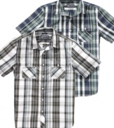 Shake up your casual style. Toss the tee for this cool plaid shirt from American Rag.