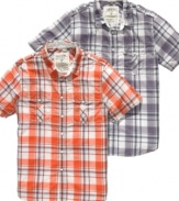 Up your casually cool style with a pop of plaid in this shirt from Guess.