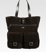 You'll get carried away by the style and versatility of this roomy shopper tote rendered from split suede with a corduroy embossed print, leather trim and an array of pockets and compartments for added storage.Magnetic closureDouble top handlesExterior zip, flap pocketsInterior zip pocketLogo cotton liningSuede15W x 16H x 4DImported