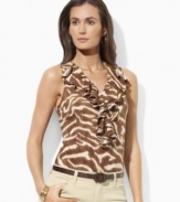 Cascading ruffles and an exotic zebra print imbue worldly glamour to this petite elegant Lauren by Ralph Lauren top, crafted from airy cotton jersey for a comfortable, flattering fit.