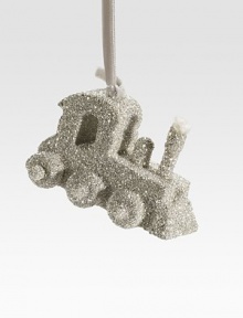 A glittery ornament for the discerning collector, carefully handcrafted in train-shaped glass glitter with a satiny ribbon loop. Ribbon loop Glass glitter 4W X 3H X 2D Handmade in USA A glittery ornament for the discerning collector, carefully handcrafted in train-shaped glass glitter with a satiny ribbon loop. Ribbon loop Glass glitter 4W X 3H X 2D Handmade in USA