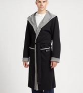 Start your day and end your night by wrapping up in this soft, stretch cotton robe featuring an attached hood and a belted waist for extended comfort and wear.Tie waistAttached hoodHip patch pocketsAbout 47 from shoulder to hem98% cotton/2% elastaneMachine washImported