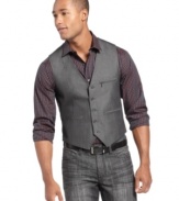 This vest from Marc Ecko is a versatile addition to your wardrobe.  Dress up with a tie or down with a button-front shirt.  Either way you have all of your options covered.