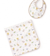 A cute set in animal prints on one side and solid on the other, accented simply with contrast stitching.