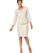 Kasper's skirt suit features luxurious details from its shimmery gold texture to jeweled buttons and scalloped trim. An elegant and sophisticated option for your next celebration.