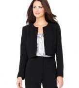 This chic collarless jacket by Kasper looks perfect paired with a sheath dress or pants and a silky top. The cropped silhouette is a stylish alternative to the typical blazer.