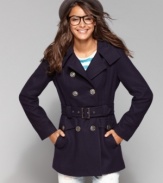 A preppy pea coat from M60 Miss Sixty keeps it flattering with a belted waist and fitted style. (Clearance)