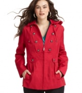 A buttoned bib adds sailor style to this Steve Madden plus size raincoat -- a hot topper for damp days!