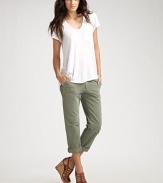 The uber-stylish, shabby-chic trend revealed on these worn-in, cotton khakis with distressing details and rolled up hem. Button and zipper closure Side slash pockets Back welt pockets Belt loops Rise, about 9 Inseam, about 26 (unrolled) Cotton lining Supima cotton/cotton; machine wash Imported