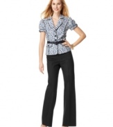 An animal-printed jacket makes this pant suit by Nine West pop. Feminine details include puff sleeves, piped trim and a waist-defining belt.