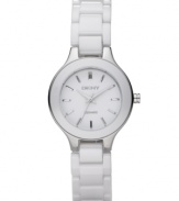 Dress with designer perfection. This DKNY watch features a lacquered white ceramic bracelet and round case. White dial with silvertone stick indices and logo. Quartz movement. Water resistant to 50 meters. Two-year limited warranty.
