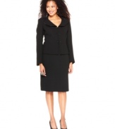 Le Suit's black skirt suit is jazzed up with beaded trim at the collar and beaded double button closures at the front of the jacket. Finish the look with your own brilliant baubles.