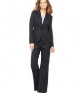 Kasper makes the suit a cinch with this three-piece ensemble, featuring a pleated-neck satin cami and crisp pinstriped jacket and pants.