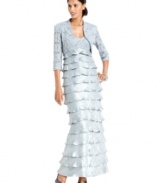 A cropped lace bolero crowns this statuesque, tiered petite evening gown from R&M Richards.