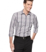 Get your sophisticated style all lined up with this standout big and tall plaid shirt from Alfani.