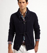 Drawing on nautical inspiration, a handsome shawl-collar cardigan is crafted from a hearty cotton-linen blend with organic chino elbow patches and rustic rope-and-toggle closures for an authentic appeal.Toggle closureShawl collarChino elbow patchesFront patch pocketsRibbed cuffs and hem55% linen/45% cottonDry cleanImported