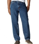 Stonewashed 5-pocket jean features a relaxed mid-rise fit with straight leg and zip fly. Leg opening measures 16.