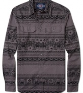 Stylish mens long sleeve fitted graphic collared shirt by Ecko Unltd works with dark slacks or dark jeans.