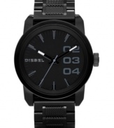 Step up the style with this sleek Diesel watch. Black ion-plated stainless steel bracelet and round case. Black dial with gray stick indices and logo. Quartz movement. Water resistant to 100 meters. Two-year limited warranty.