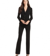 Subtle pinstripes add a menswear-inspired touch to Tahari by ASL's feminine-cut pantsuit. Buckle details help define the waist, too.