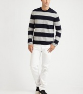 Pieced stripes define this supremely soft sweater crafted from cotton and cashmere.Crewneck95% cotton/ 5% cashmereHandwashImported