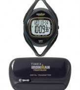Get your workout on track with the Timex fitness tracker watch. The lightweight transmitter clips to the waist and communicates wirelessly to the watch for ultimate performance. Black resin strap and round case. Digital dial features pace, steps, distance and calories burned. Quartz movement. Water resistant to 50 meters. One-year limited warranty.