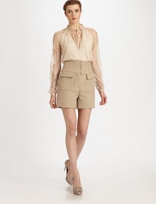 This chic, high-waisted style is accented with patch pockets and a panel-constructed waistband.High, banded waistbandZip fly with concealed button and hook-and-bar closuresFlap patch pocketsBack welt pocketsInseam, about 4¼54% cotton/43% polyamide/3% elastaneDry cleanMade in Italy of imported fabricModel shown is 5'11 (180cm) wearing US size 4. This chic, high-waisted style is accented with patch pockets and a panel-constructed waistband.High, banded waistbandZip fly with concealed button and hook-and-bar closuresFlap patch pocketsBack welt pocketsInseam, about 4¼54% cotton/43% polyamide/3% elastaneDry cleanMade in Italy of imported fabricModel shown is 5'11 (180cm) wearing US size 4.