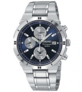 Seiko means style with this classic, handsome chronograph. Watch crafted of polished stainless steel bracelet and round case, 38mm. Bold blue chronograph dial features hours, minutes, seconds, date window, three subdials, three hands and logo. Quartz movement. Water resistant to 100 meters. Three-year limited warranty.