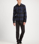 Workman's inspiration with city style in rugged yet soft cotton flannel with a concealed placket and two chest pockets. Concealed buttonfrontChest flap pocketsCottonMachine washImported
