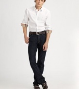 A classic-fitting favorite embraces a new look with the addition of coveted check pattern inside the collar and cuffs. Buttonfront Embroidered logo chest detail 97% cotton/3% elastene; dry clean Imported 