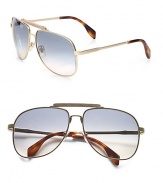 Sleek metal aviator frames with a wood accented top bar. Available in light gold with brown mirror gradient lens or dark ruthenium with grey gradient lens. Logo temples100% UV protectionMade in Italy 