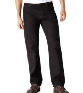 Stonewashed 5-pocket jeans feature a relaxed mid-rise fit with straight leg and zip fly. Leg opening measures 19.