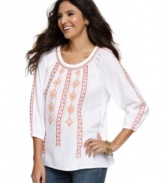 An embroidered tribal pattern gives this petite peasant top a stylish twist. Wear with jeans and wedges for a cute, casual weekend look.