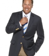 It's a classic look that stretches with the times - and you. Tailored wool blazer features notched lapel with two button closure along front. Fabric and lining stretch and flex with movement for a great fit all the time. Besom chest pocket and flap front pockets. Contrast metalic buttons at front and cuffs. Single back vent.